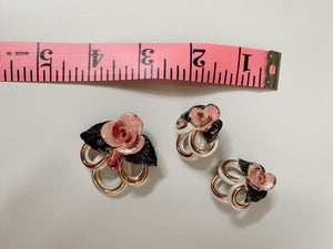 Vintage Floral Porcelaine Earrings + Brooch Set