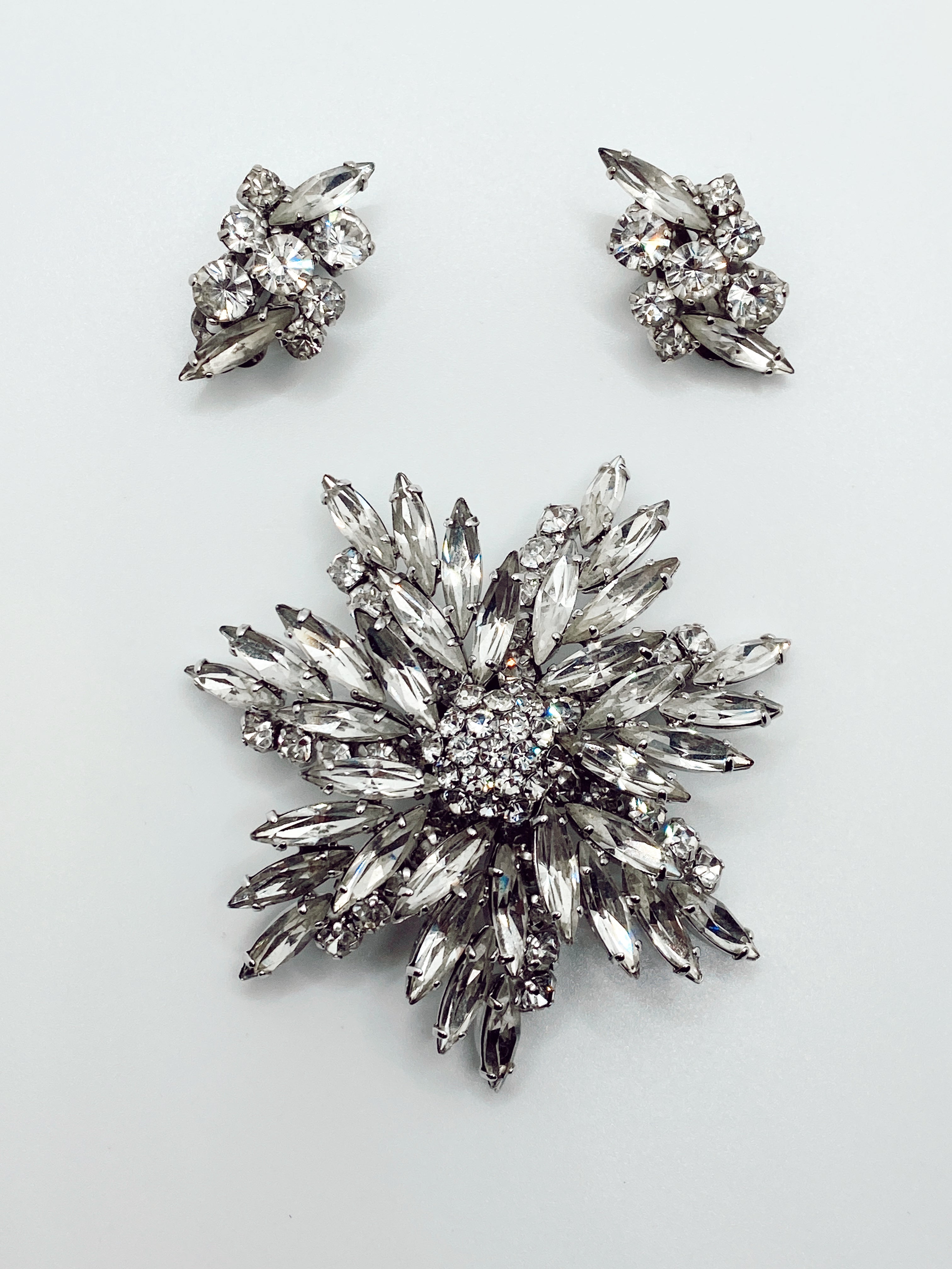 Vintage Rhinestone Starburst Earrings + Brooch Set