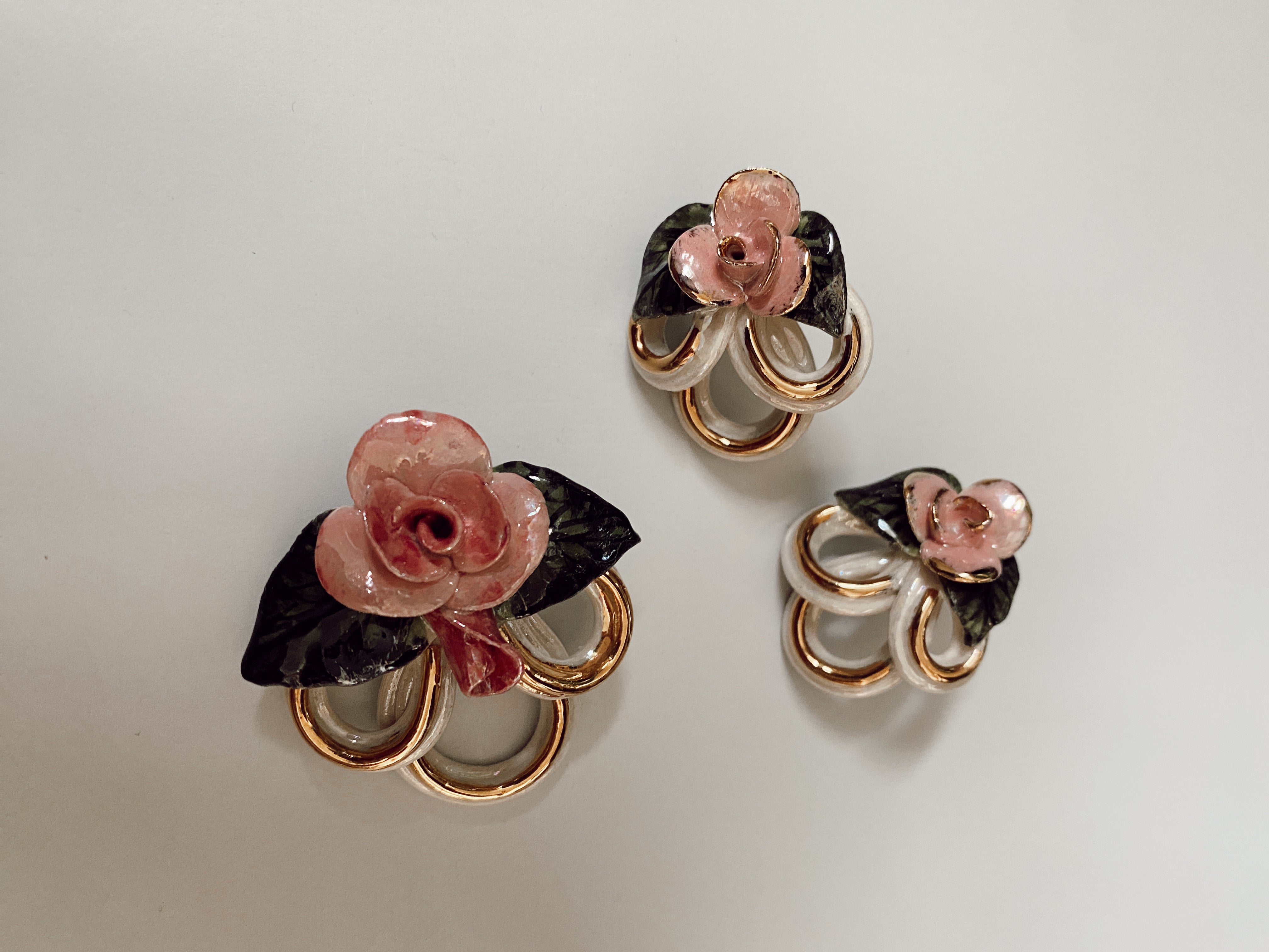 Vintage Floral Porcelaine Earrings + Brooch Set