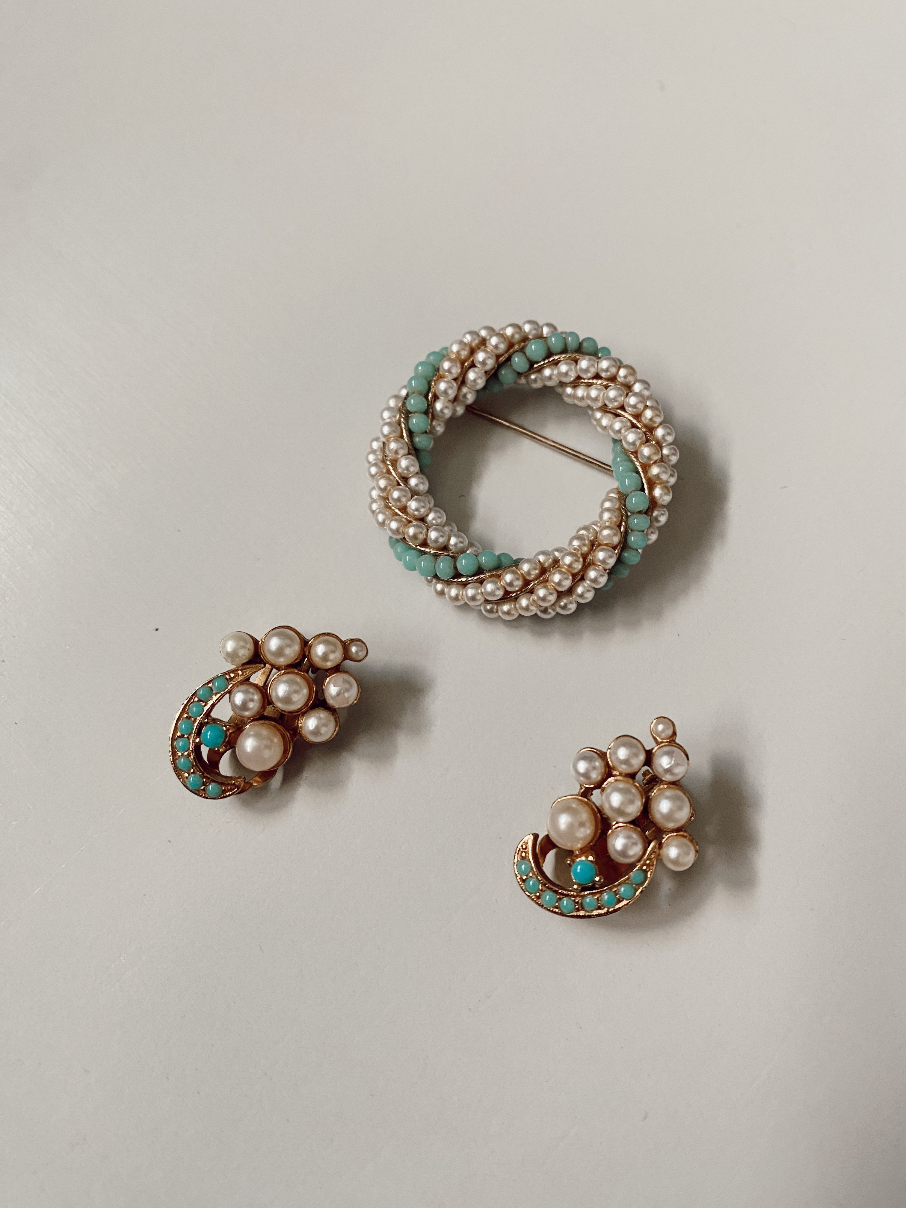 Faux Turquoise + Pearl Brooch + Earring Set