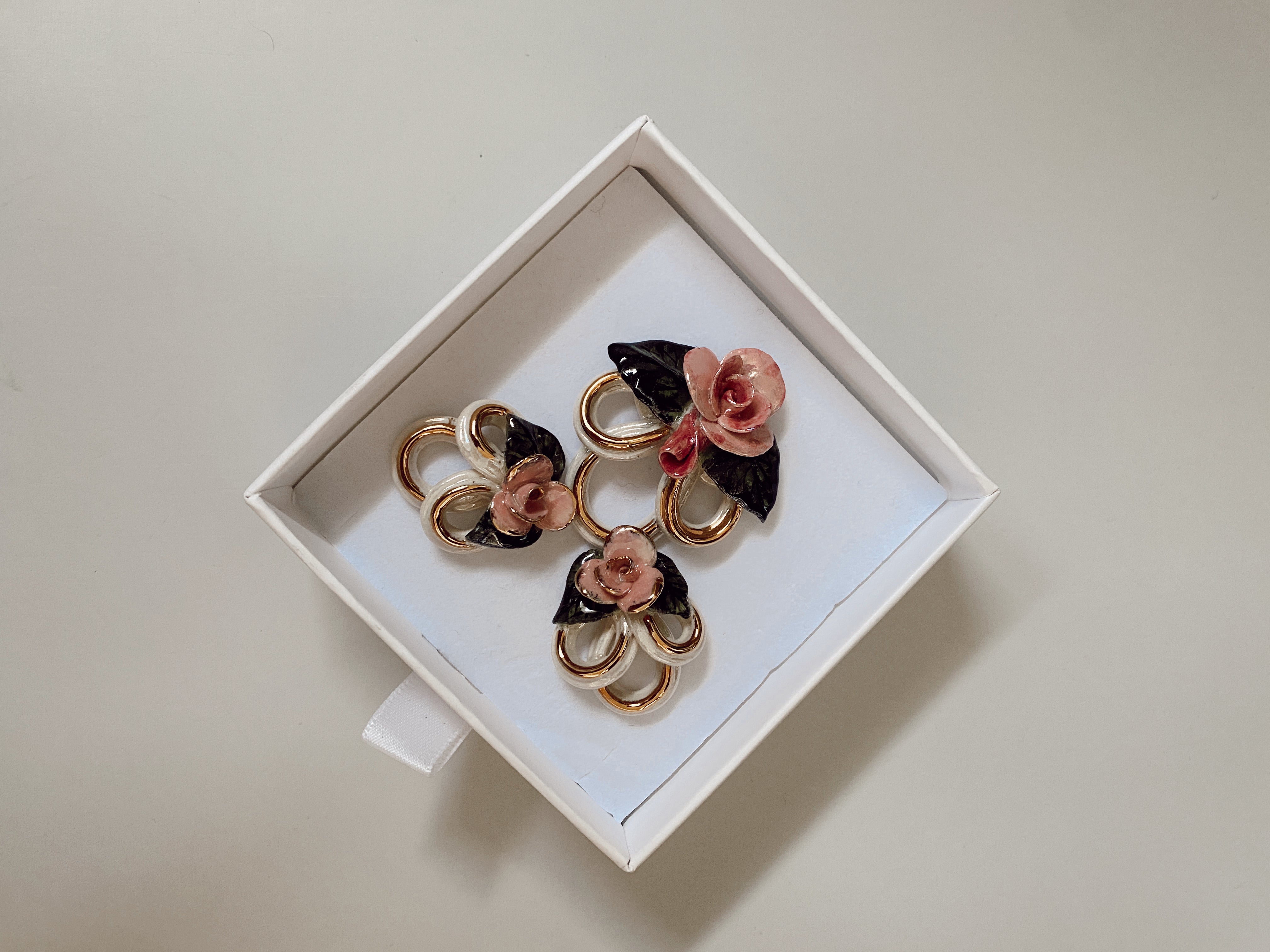 Vintage Floral Porcelaine Earrings + Brooch Set