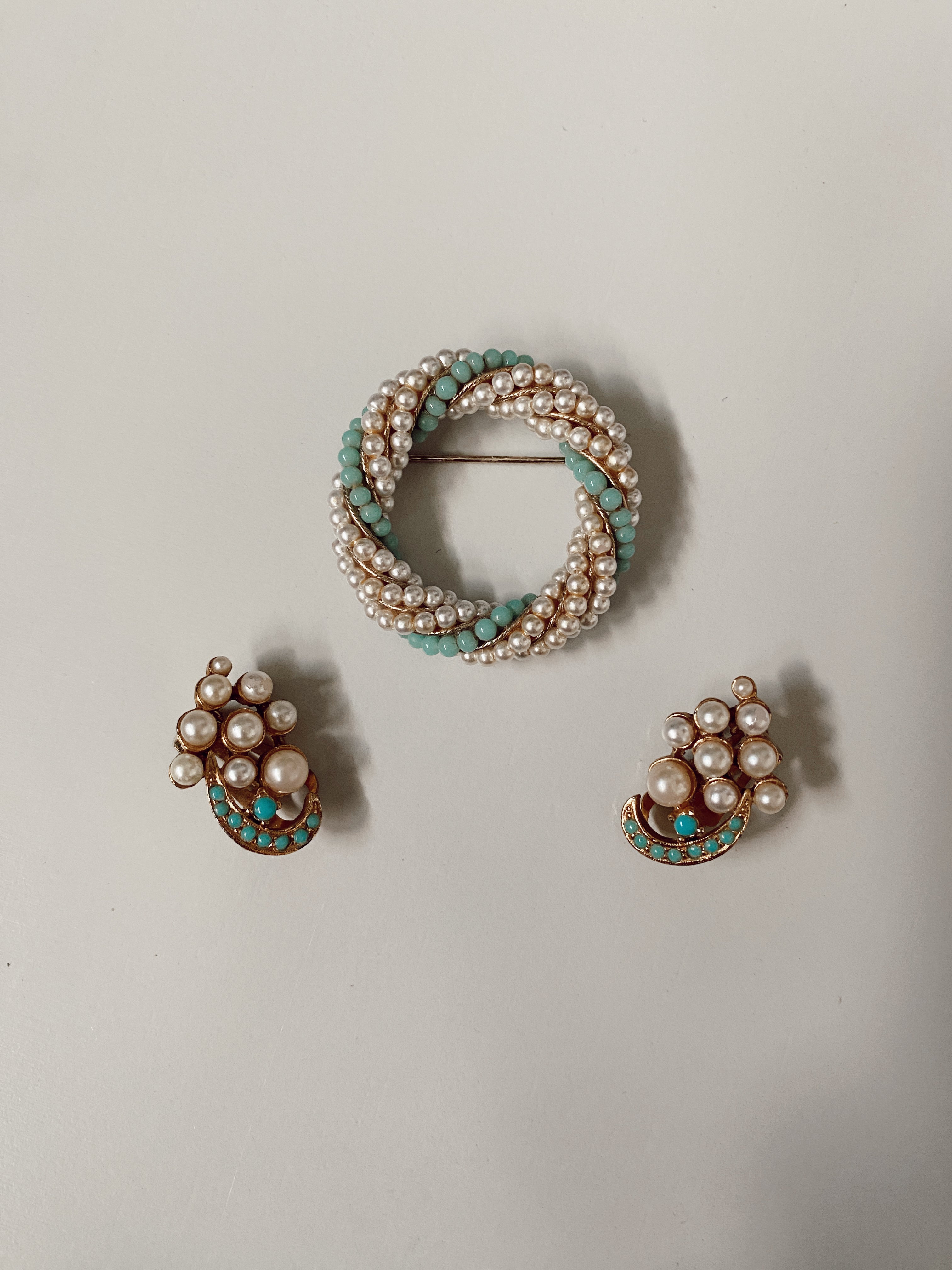 Faux Turquoise + Pearl Brooch + Earring Set