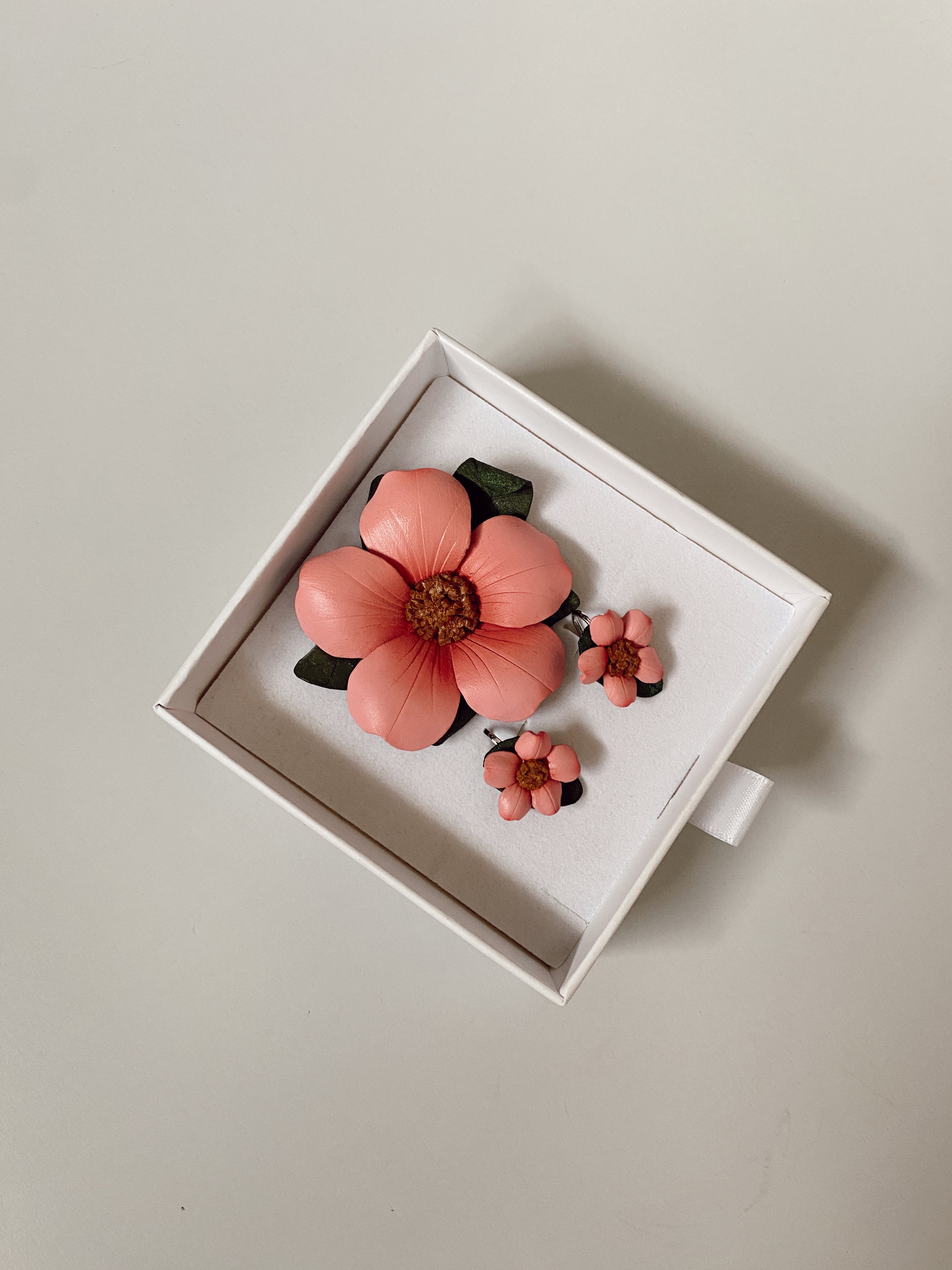 Pink Flower Leather Brooch + Earring Set