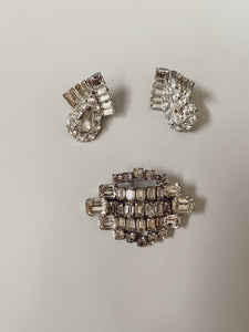 Vintage Rhinestone Earrings + Brooch Set