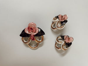 Vintage Floral Porcelaine Earrings + Brooch Set