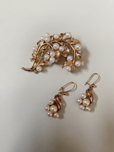 Gold Pearl Cluster Brooch + Earring Set