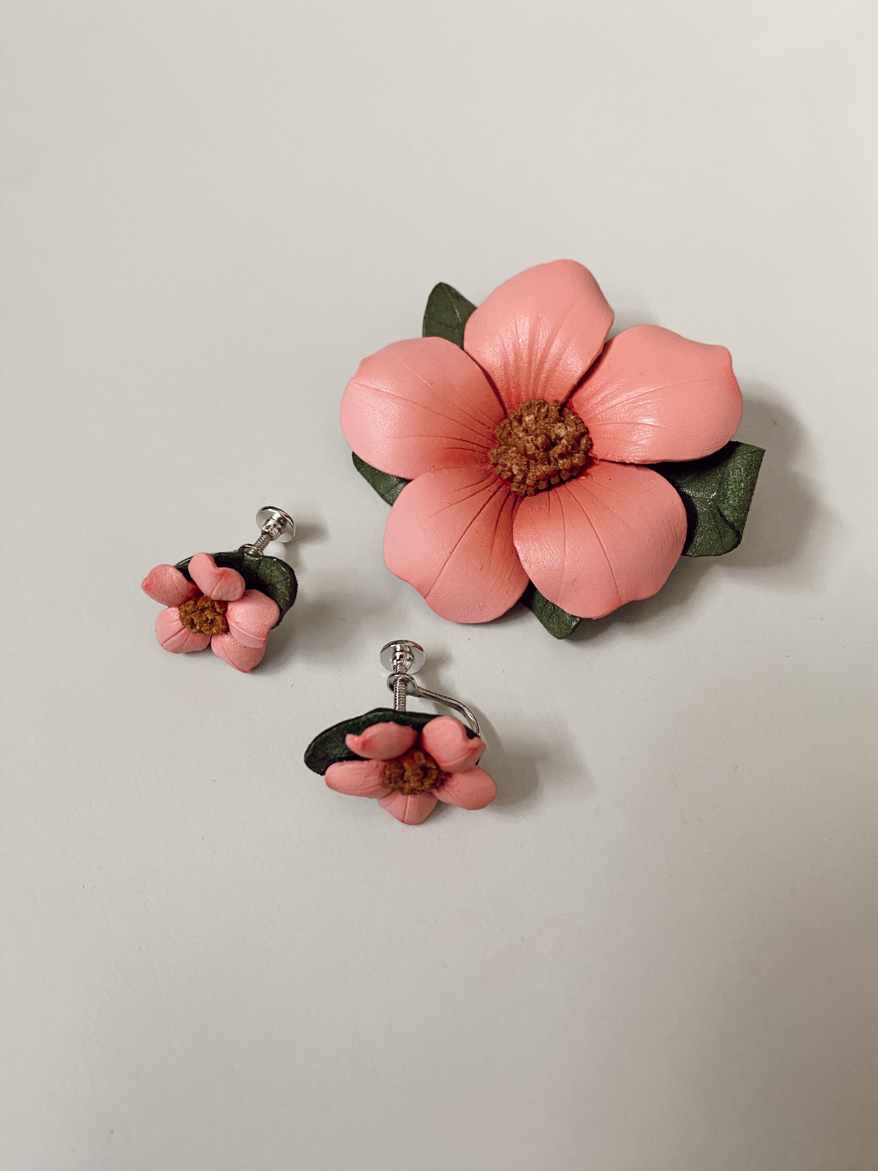 Pink Flower Leather Brooch + Earring Set