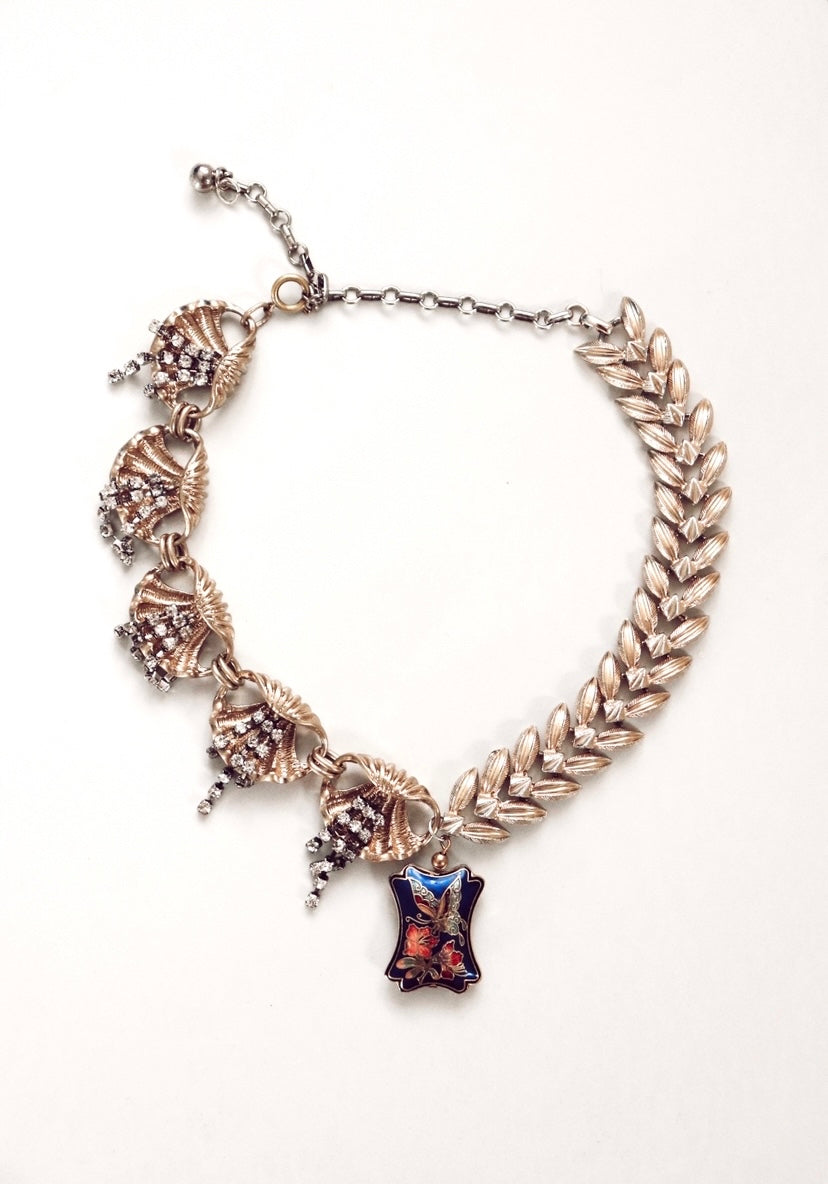 St Tropez - Gemini Necklace - Vintage Coro, Rhinestone Shells, Enamel Butterfly Pendant