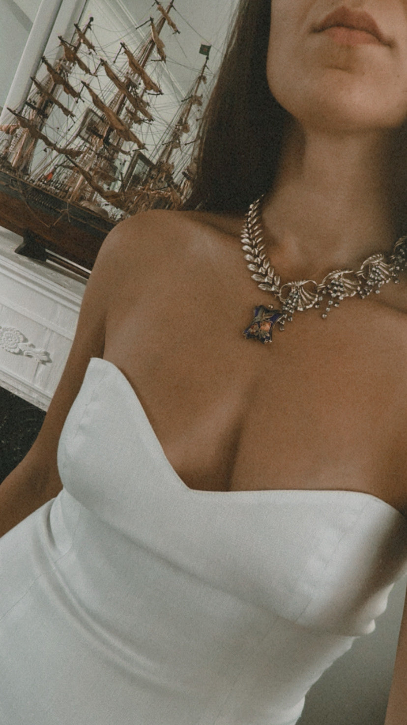 St Tropez - Gemini Necklace - Vintage Coro, Rhinestone Shells, Enamel Butterfly Pendant