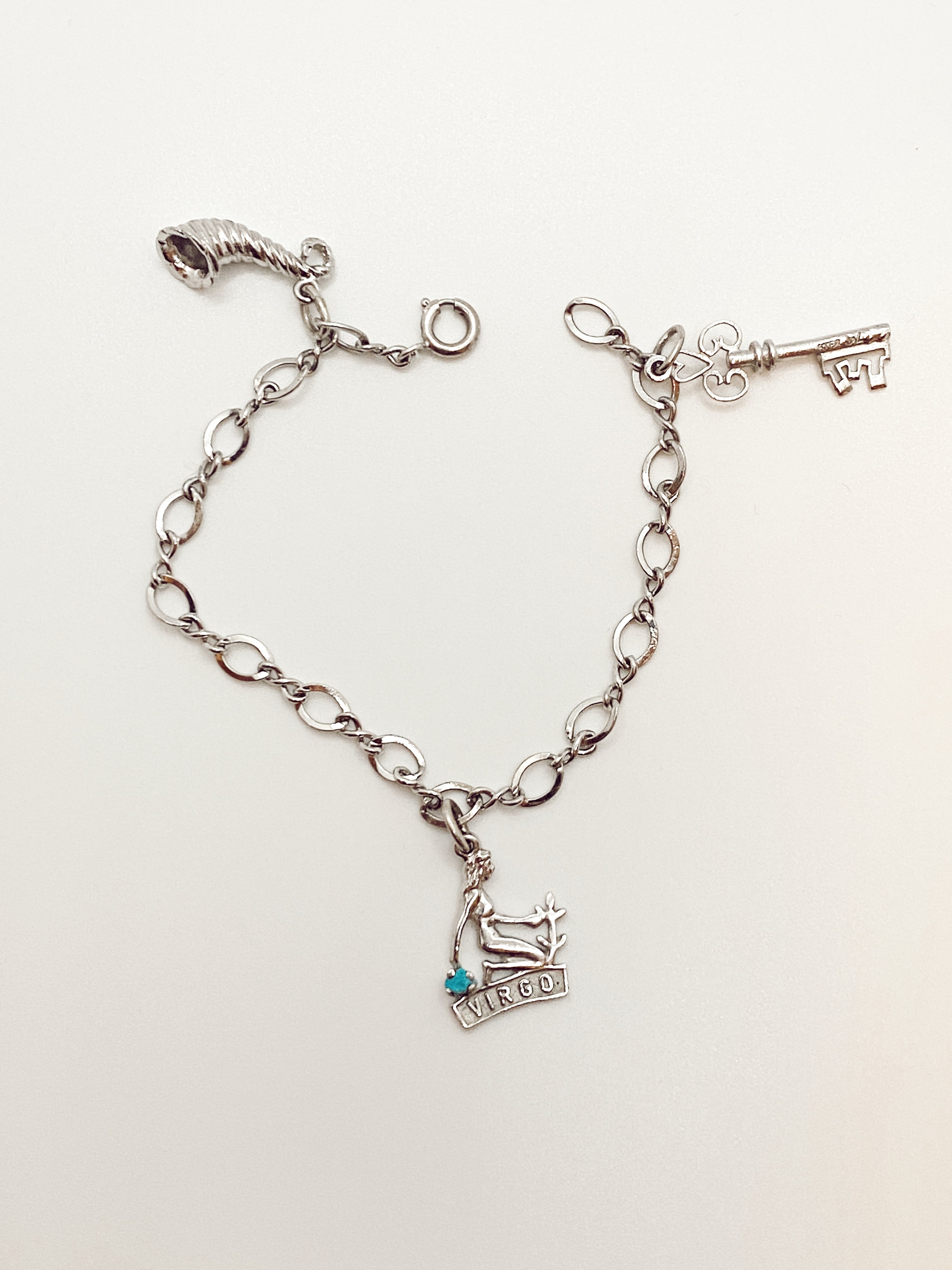 Charm Bracelet with Virgo Zodiac, Cornucopia, and Heart Key Charm