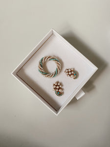 Faux Turquoise + Pearl Brooch + Earring Set