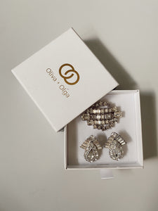 Vintage Rhinestone Earrings + Brooch Set