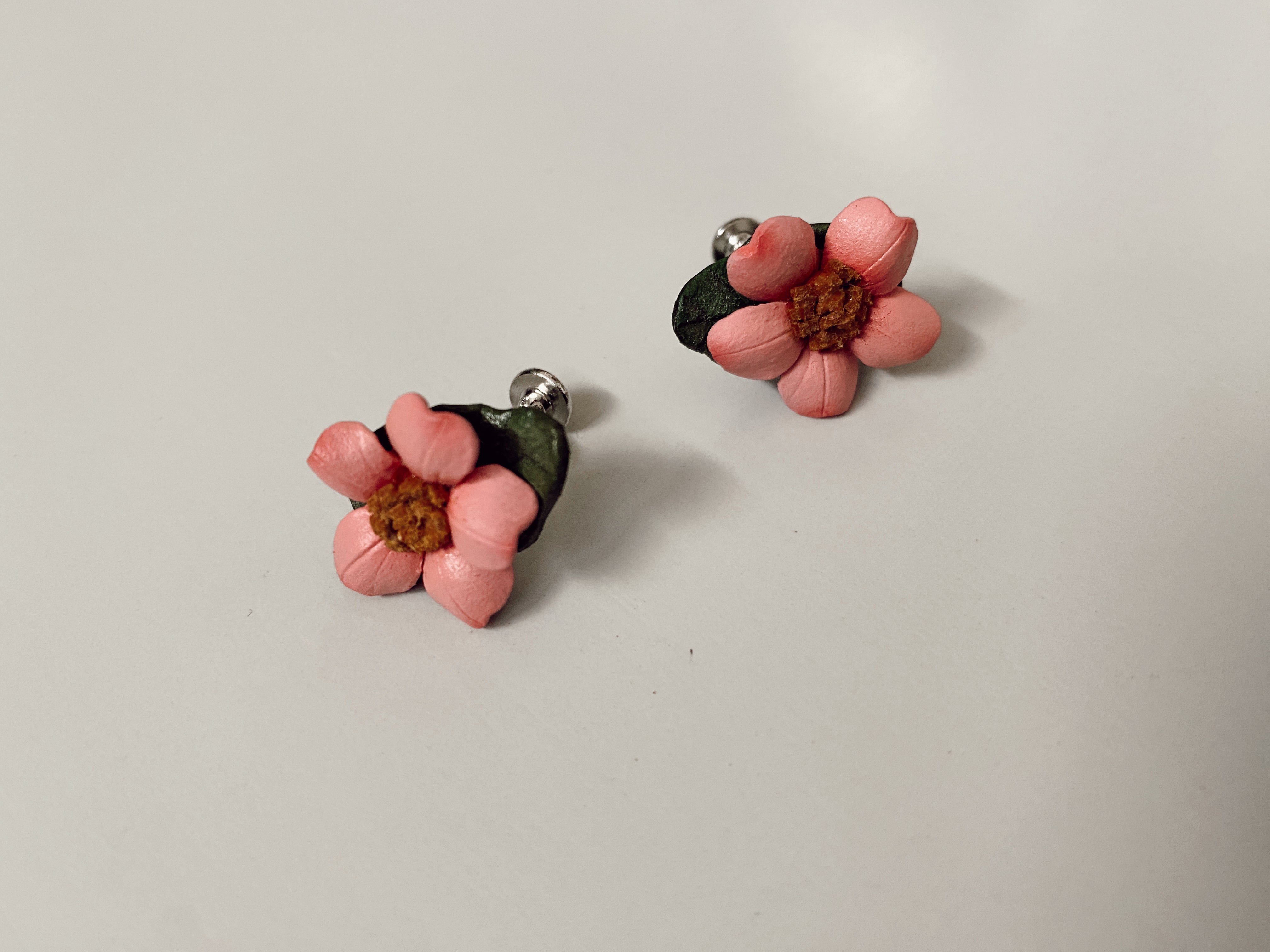 Pink Flower Leather Brooch + Earring Set