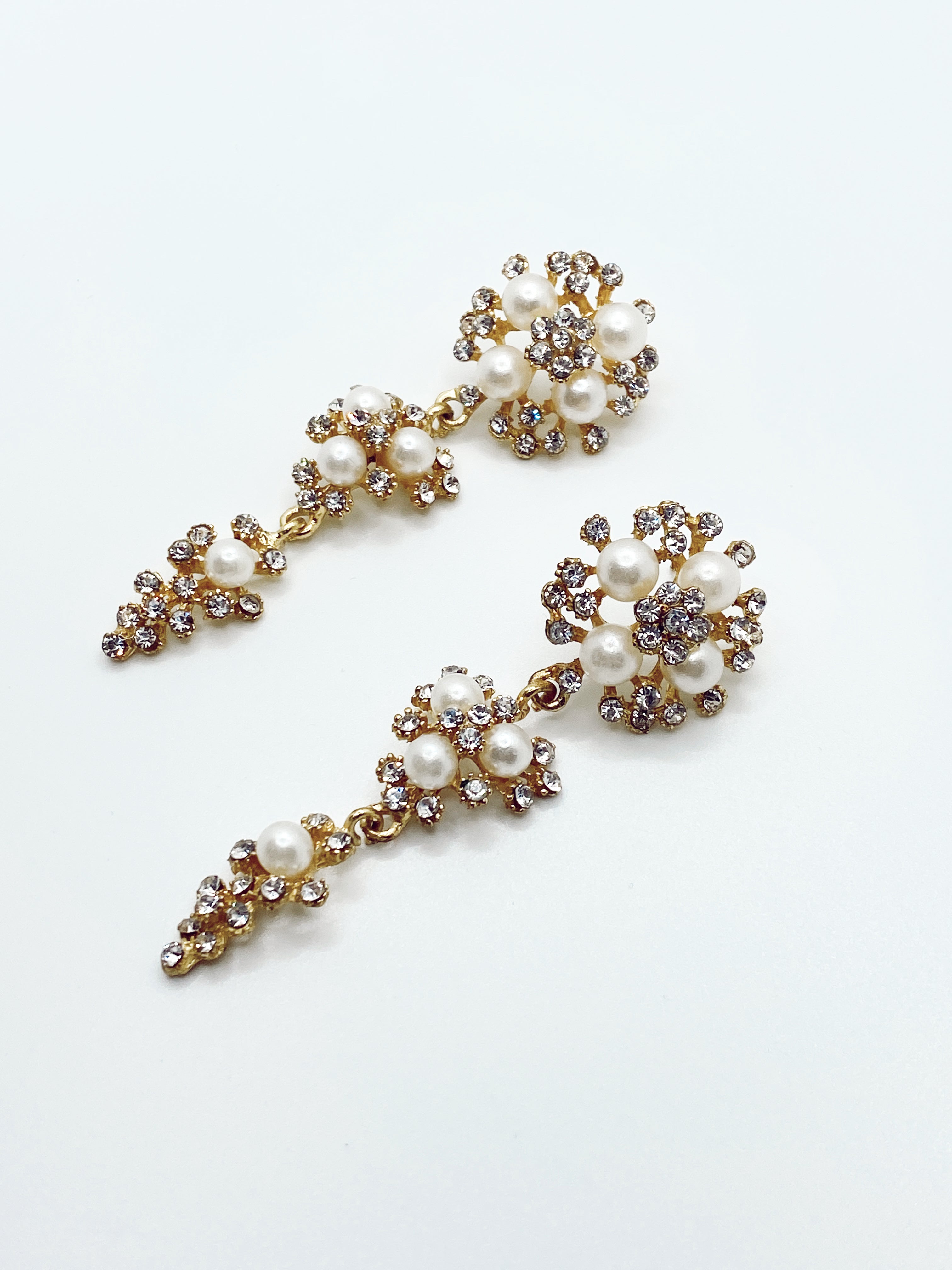 Gold, Pearl + Rhinestone Earrings + Brooch Set