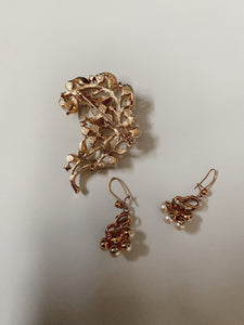 Gold Pearl Cluster Brooch + Earring Set
