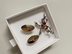 Gold Bow + Rhinestone Brooch + Cuff Links Set