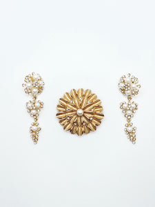 Gold, Pearl + Rhinestone Earrings + Brooch Set