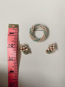 Faux Turquoise + Pearl Brooch + Earring Set