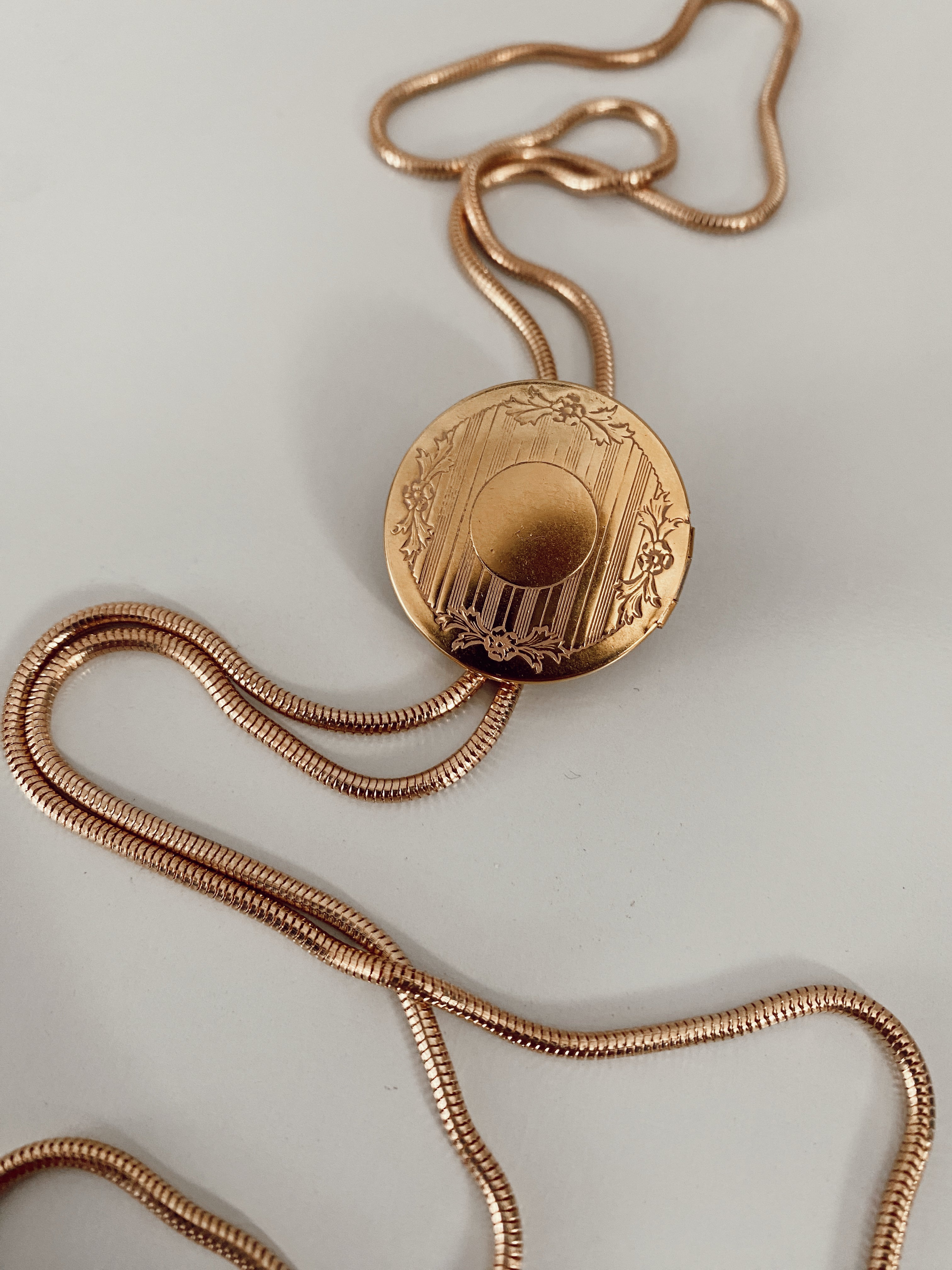 Large Round Etched Locket Bolo Tie