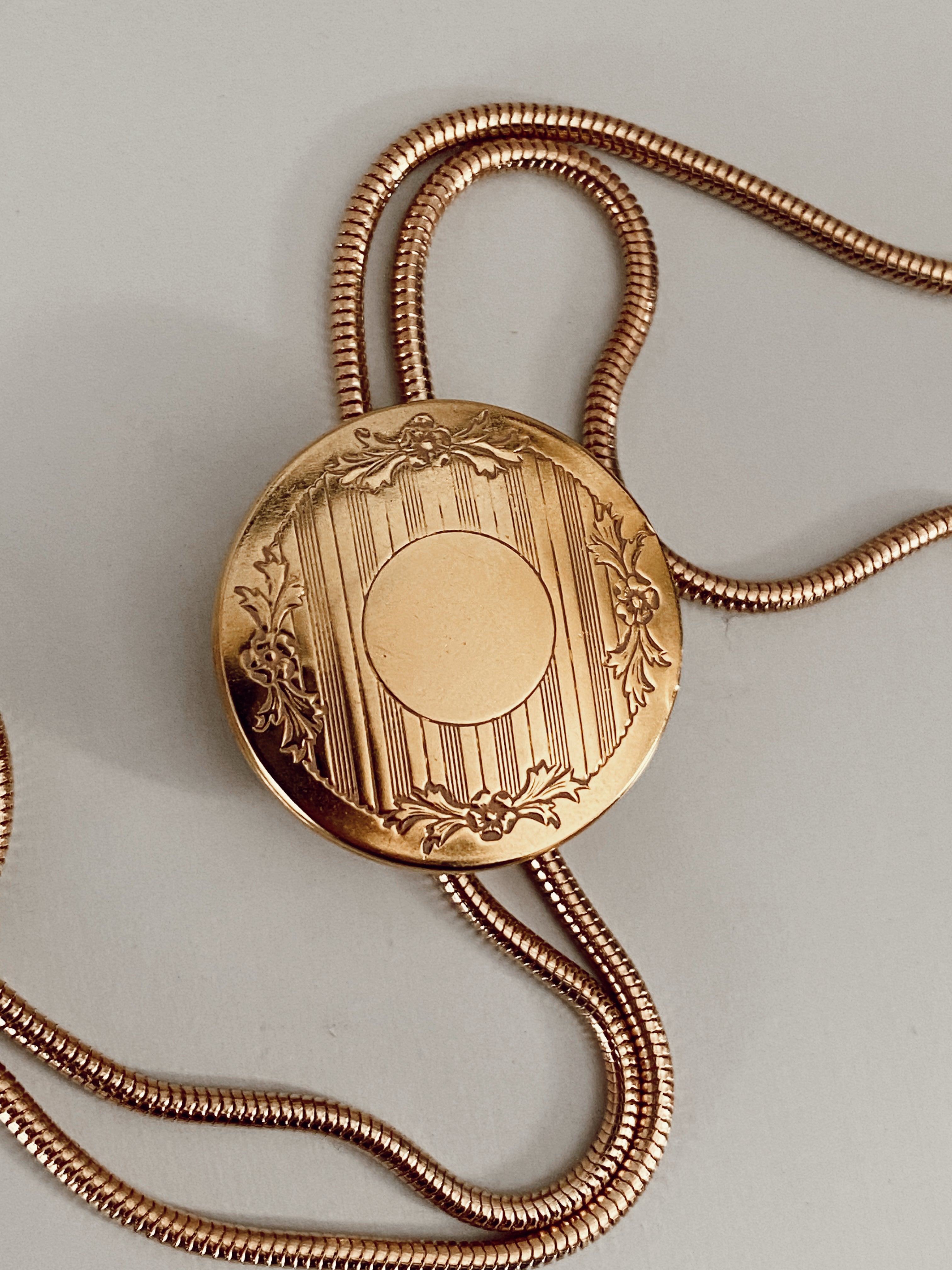 Large Round Etched Locket Bolo Tie