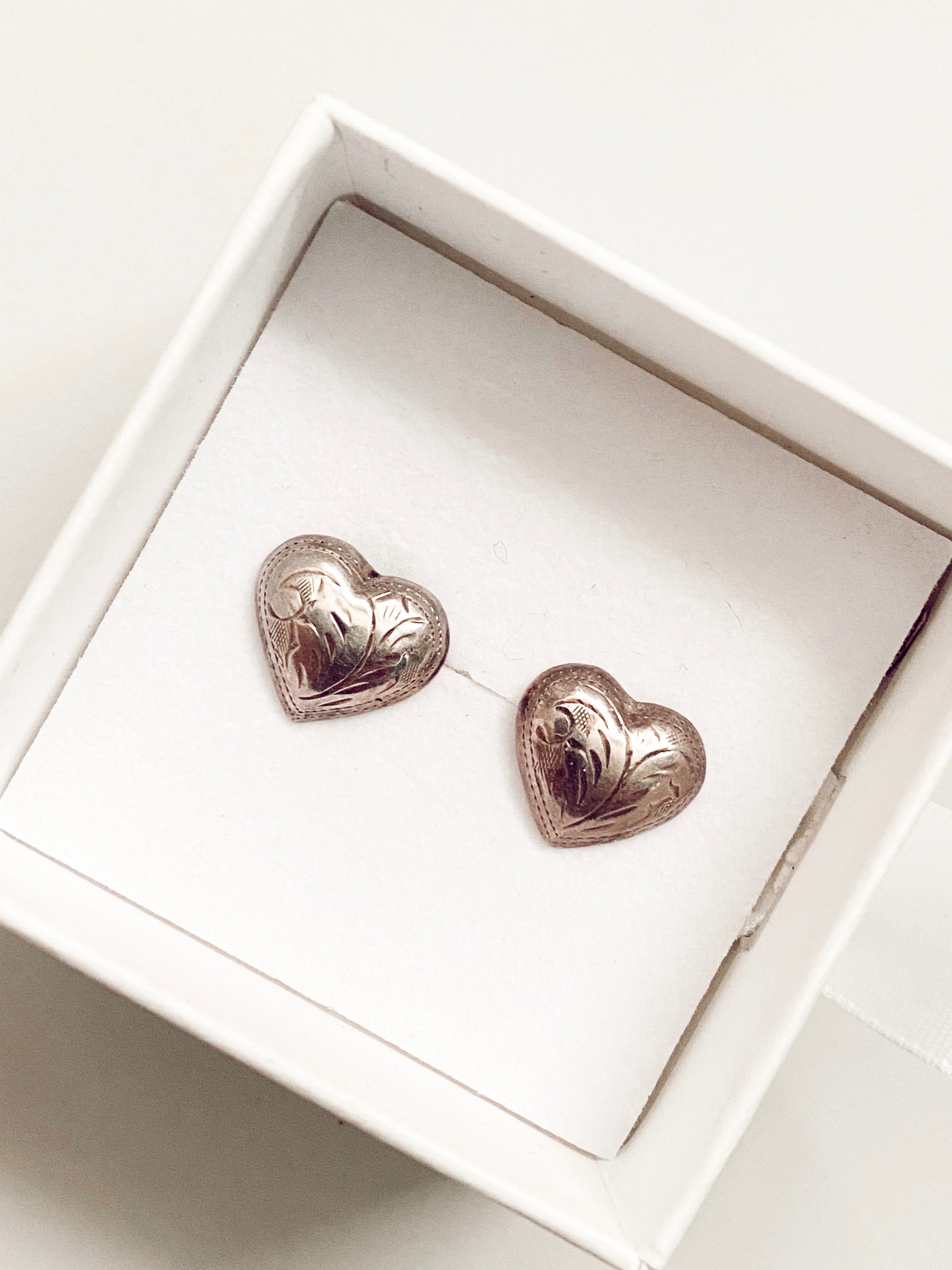 Vintage Repoussé Etched Heart Post Back Earrings -  Sterling Silver