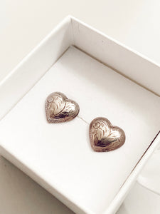 Vintage Repoussé Etched Heart Post Back Earrings -  Sterling Silver
