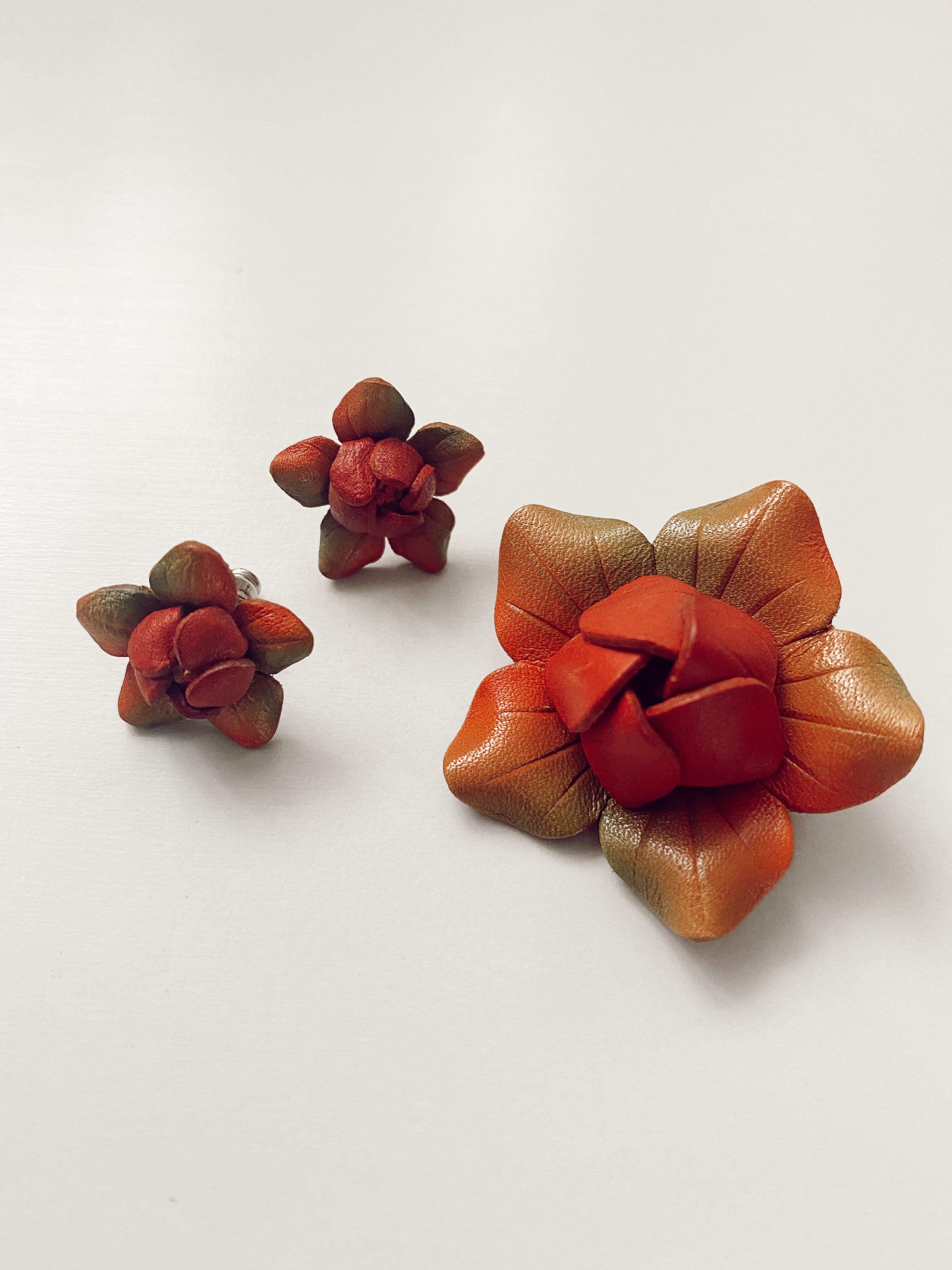 Orange Flower Leather Brooch + Earring Set