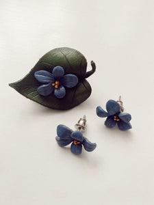 Impatiens (Flower) Leather Brooch + Earring Set