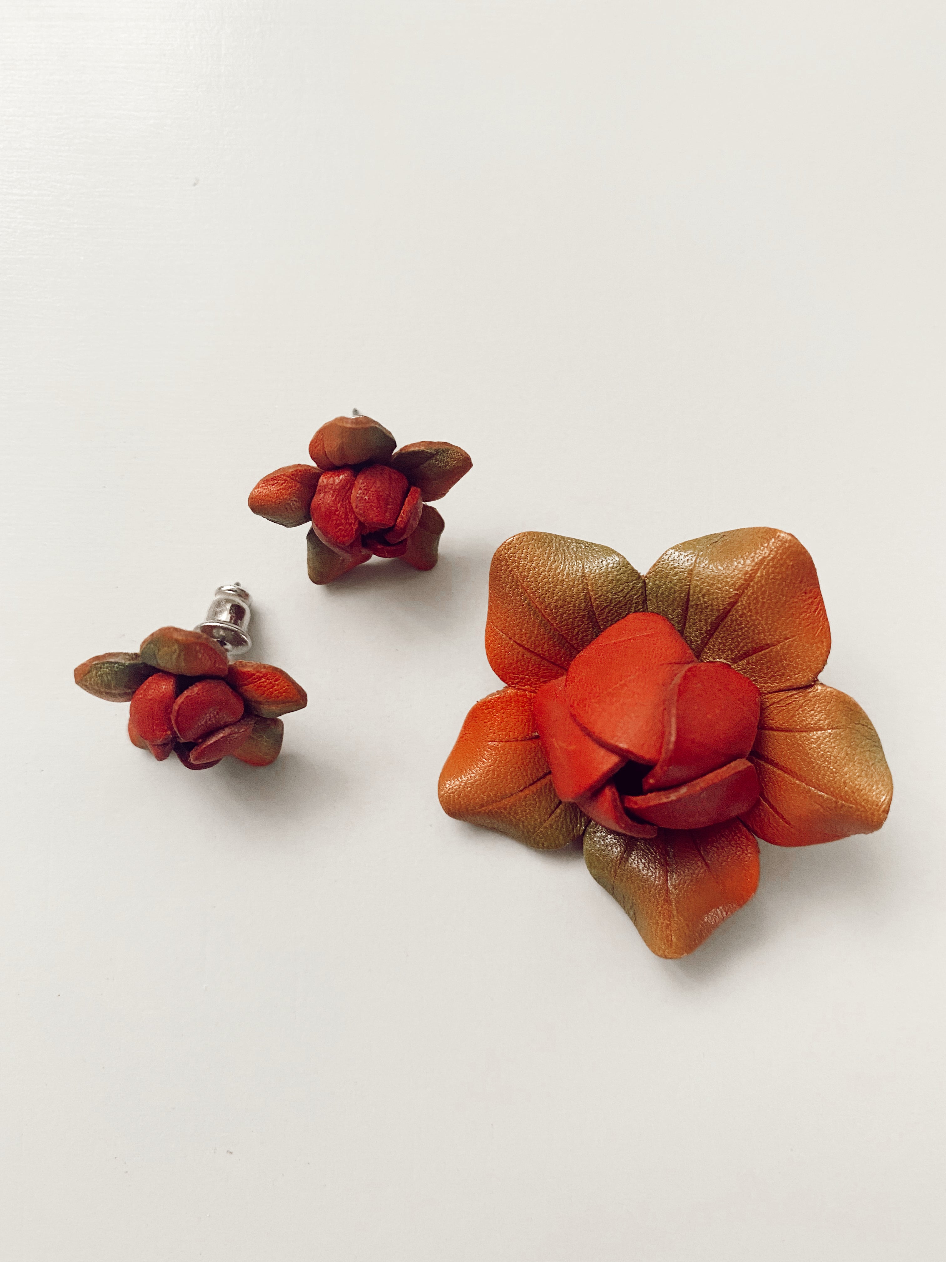 Orange Flower Leather Brooch + Earring Set