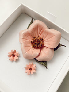 Pink Flower Leather Brooch + Earring Set