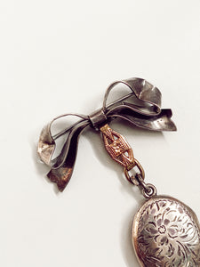 Vintage Bow + Locket Sterling Silver Brooch